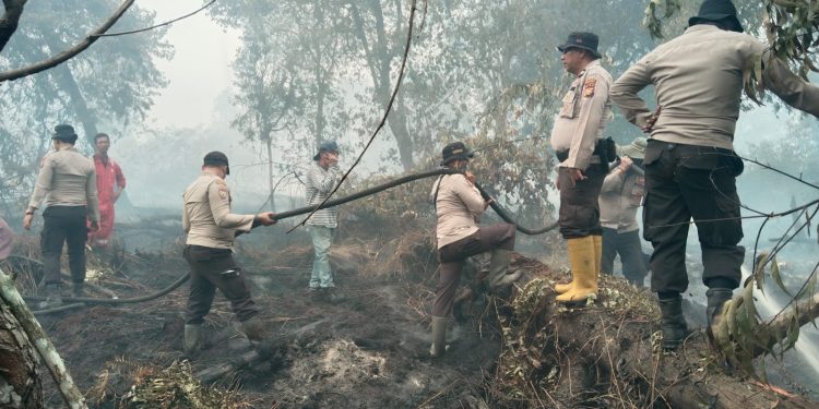 Polsek Kerumutan dibantu Personil Polres Pelalawan , RPK dan Masyarakat Padamkan Karhutla 5 Hektar di Wilayah Kerumutan