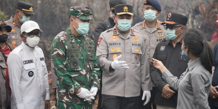 Kapolda Riau dan Pangdam Tuanku Tambusai Patroli Udara Karhutla, Turun Langsung Padamkan Api di Pelalawan