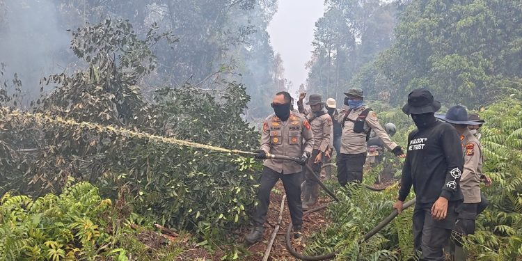 Bersama Tim, Kapolres Inhu Berjibaku Lakukan Pemadaman dan Pendinginan Kebakaran di Lokasi Tanah Sitaan Negara